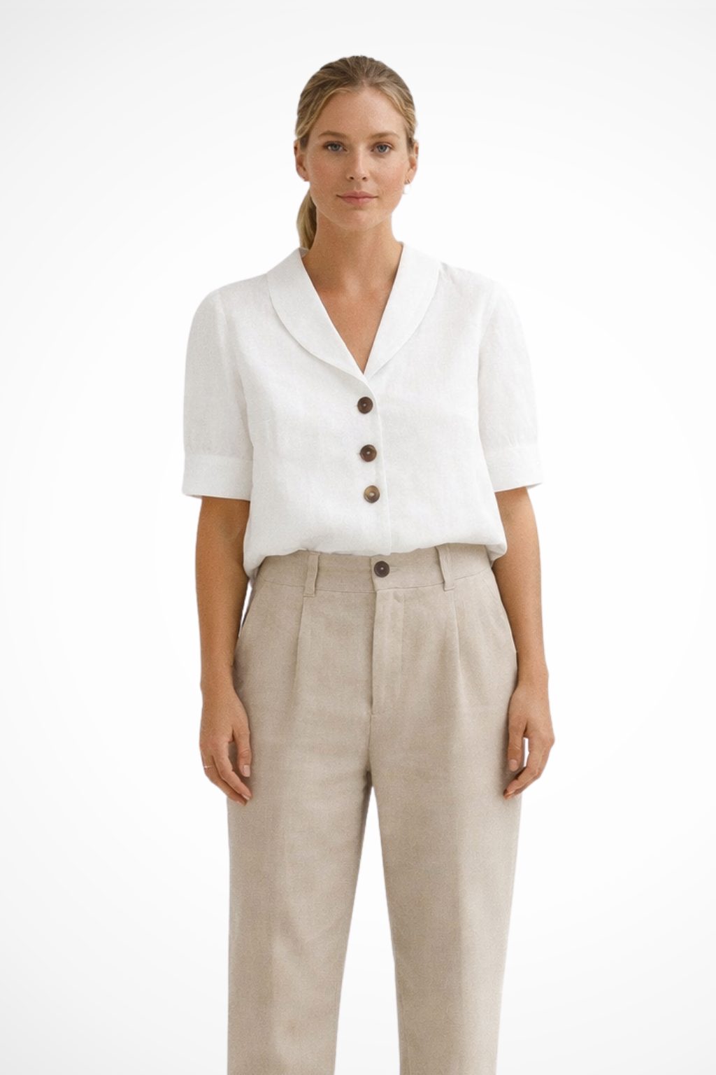 Solène | Women Casual Button Front Linen Blend Blouse with Soft Collar