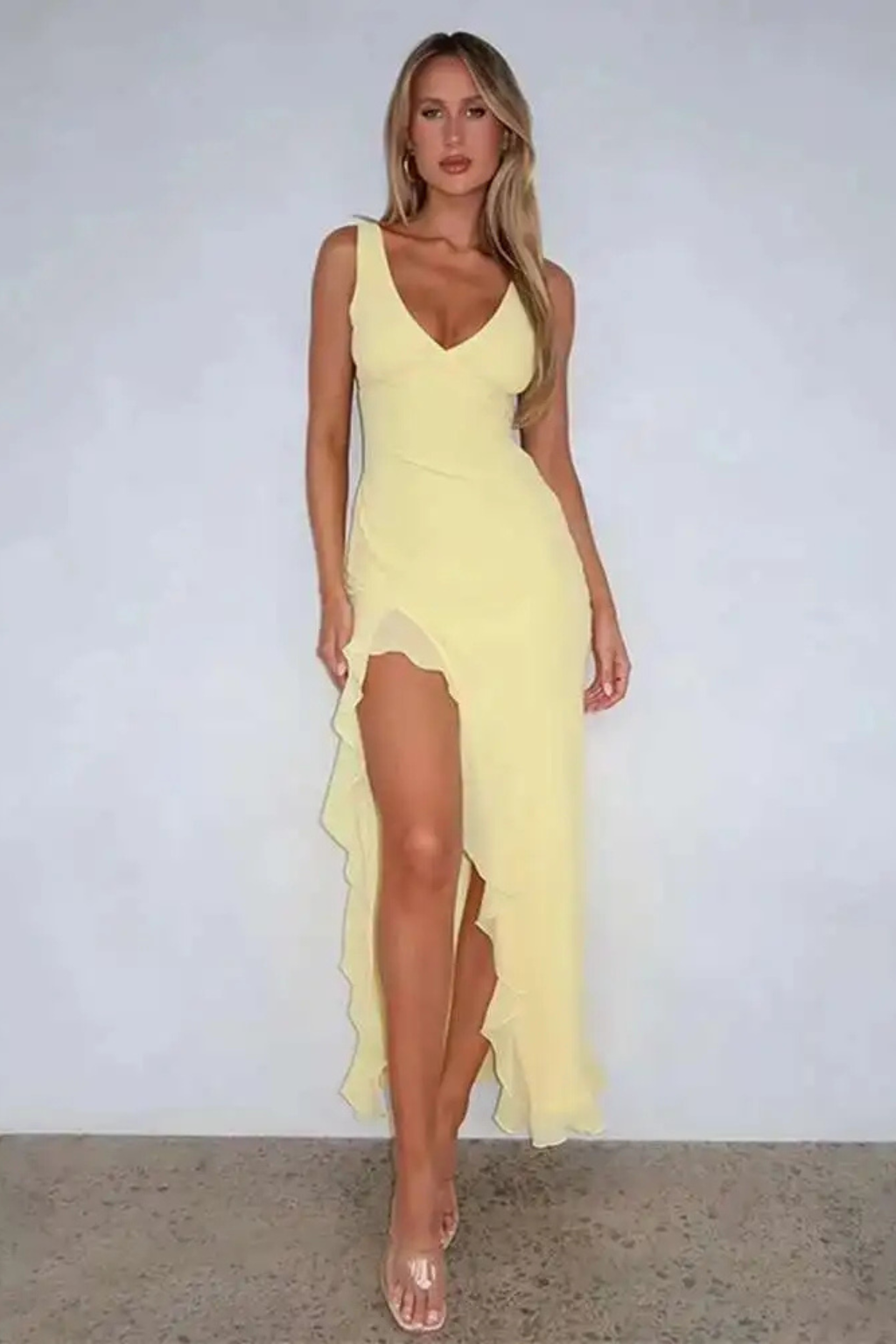 Elise | Women V Neck Ruffle Hem Midi Wedding Guest Dress with Side Split