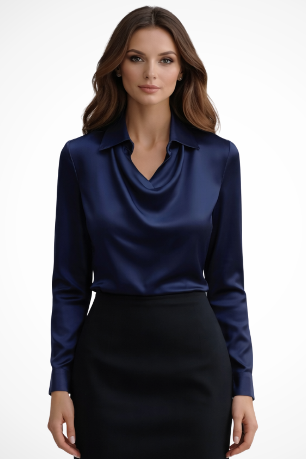 Lyra | Women’s Satin Long Sleeve Draped Neck Blouse