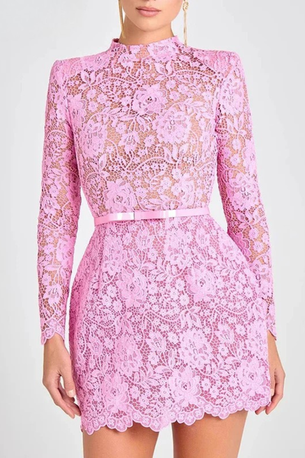 Florrie | Women High Neck Long Sleeve Floral Lace Mini Dress with Belt