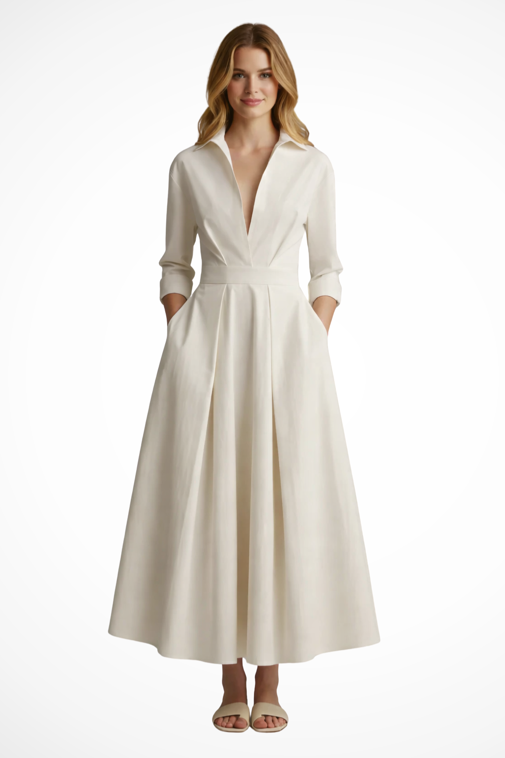 Suzan | Women Collared Button Front Fitted Waist Midi Dress