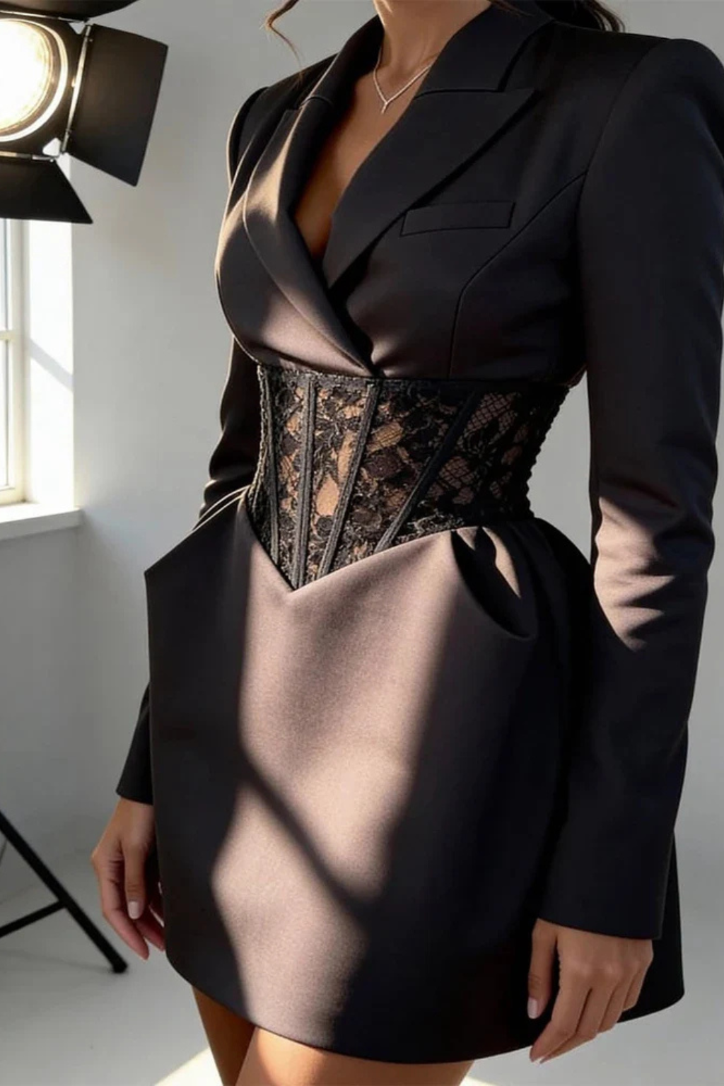 Clover | Women V Neck Long Sleeve Lace Corset Waist Blazer Mini Dress