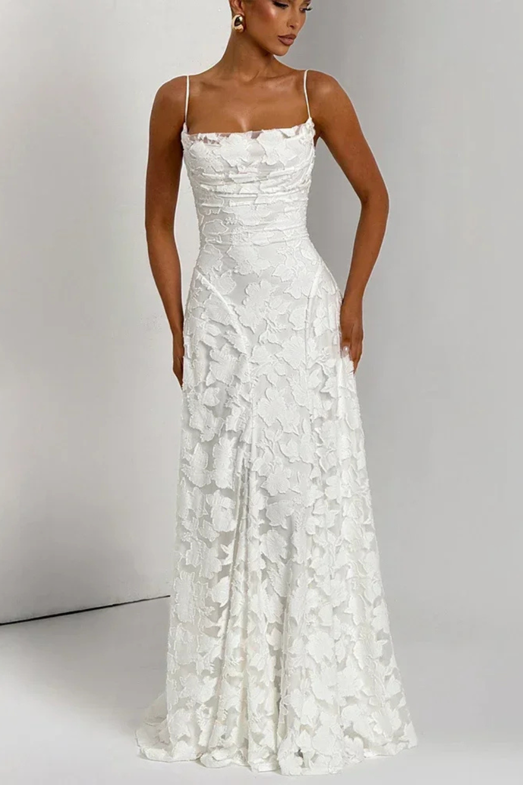 Rose | Women Spaghetti Strap Lace Up Backless Floral Jacquard Formal Maxi Dress