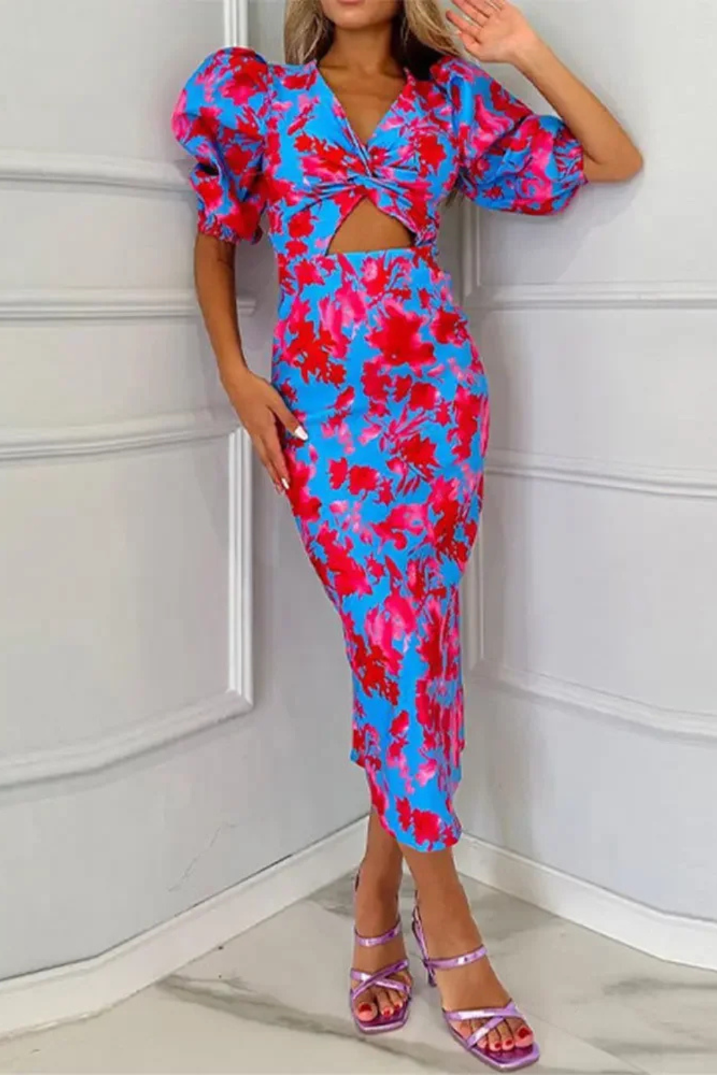 Sophia | Women Printed Puff Sleeve Occasion Summer Midi Dress