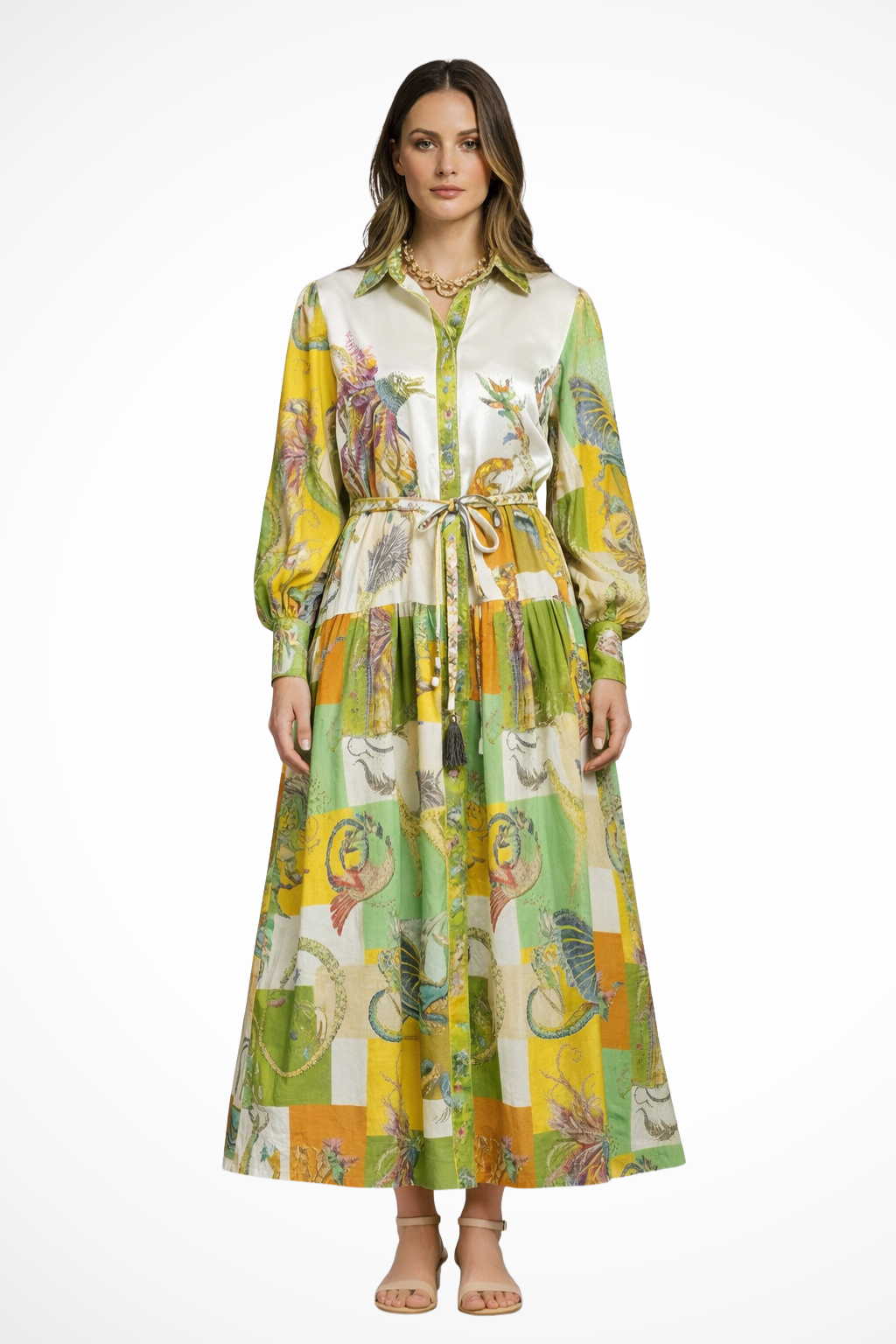 Thea | Women Long Sleeve V Neck Printed Tiered Maxi Dress
