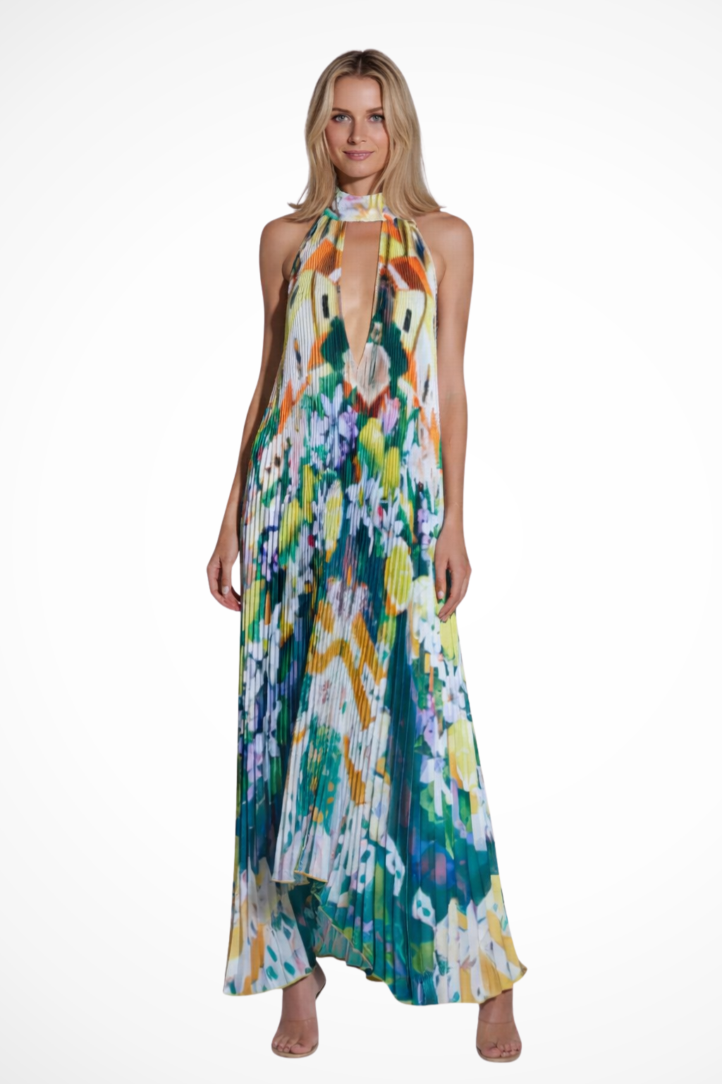 Cordelia | Women Printed Pleated Halter Neck Wedding Guest Maxi Dress