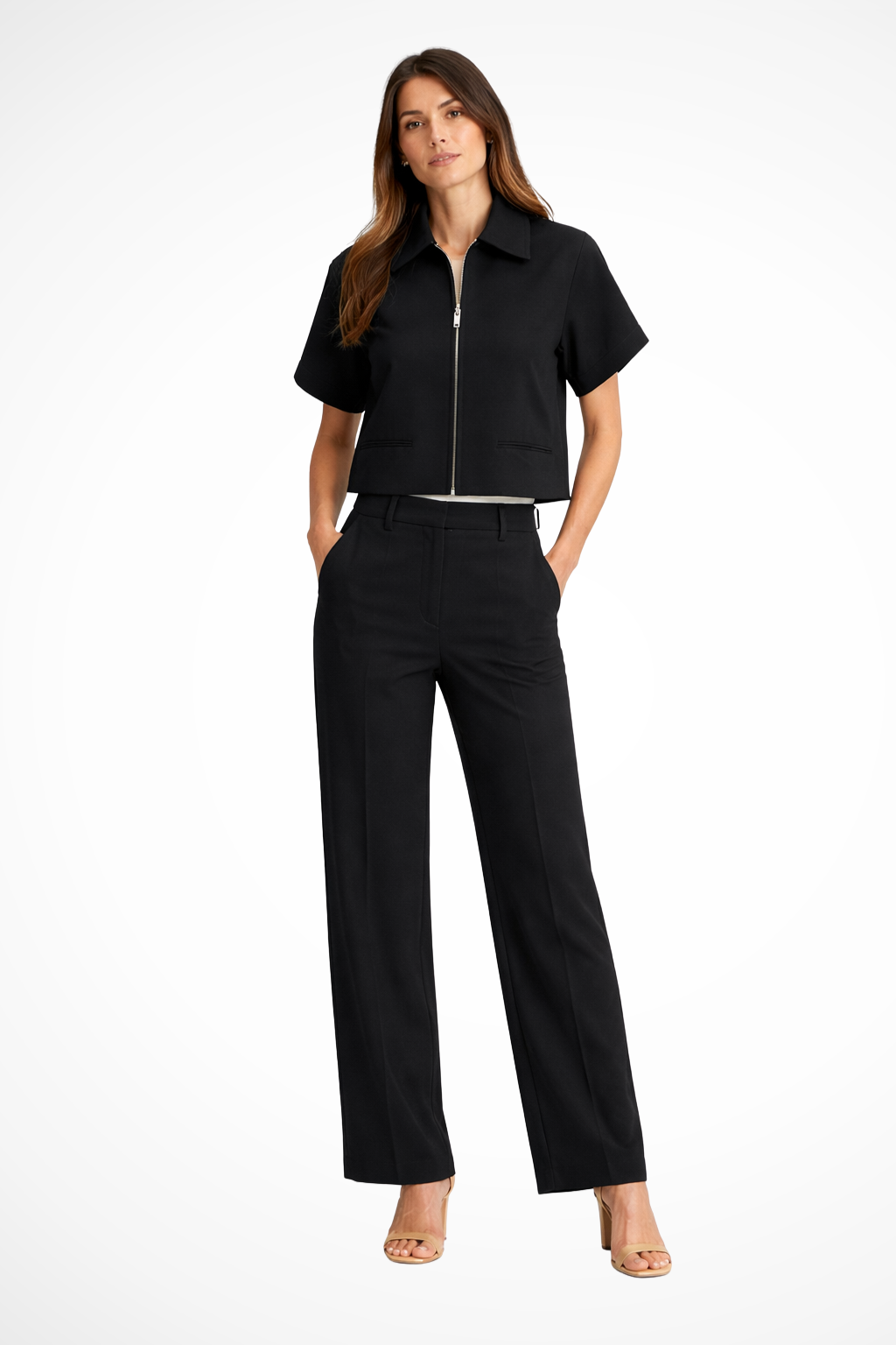 Elvona | Women Short Sleeve Zip Front Two Piece Set with Wide Leg Trousers