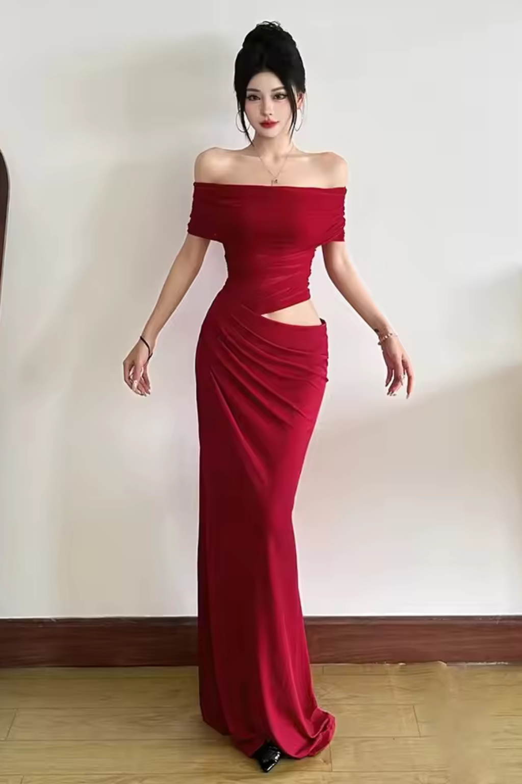 Faith | Women Off Shoulder Ruched Mesh Bodycon Wedding Guest Maxi Dress