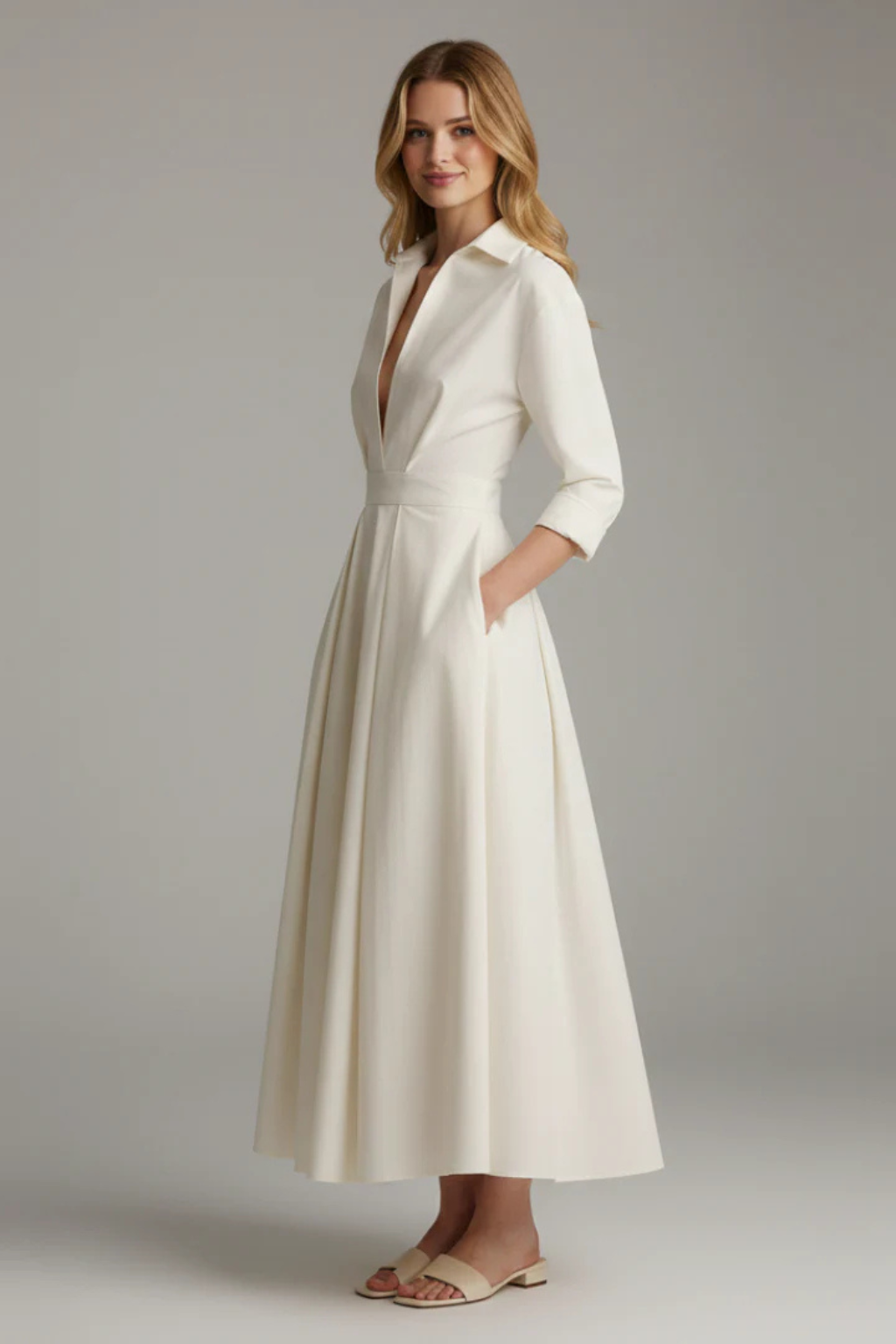 Suzan | Women Collared Button Front Fitted Waist Midi Dress