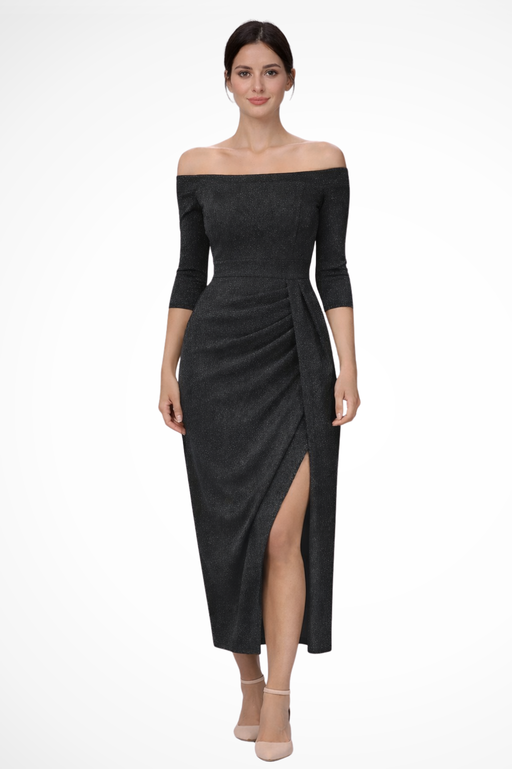 Mirelle | Women’s Off Shoulder Ruched Midi Wedding Guest Dress with Front Slit