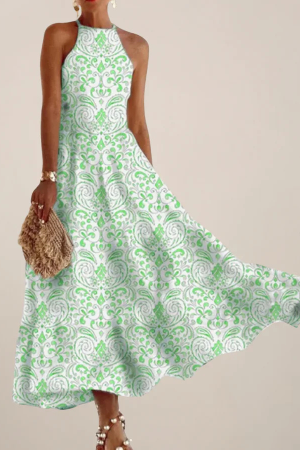 Aurelin | Women Sleeveless A Line Maxi Dress with Halter Neck
