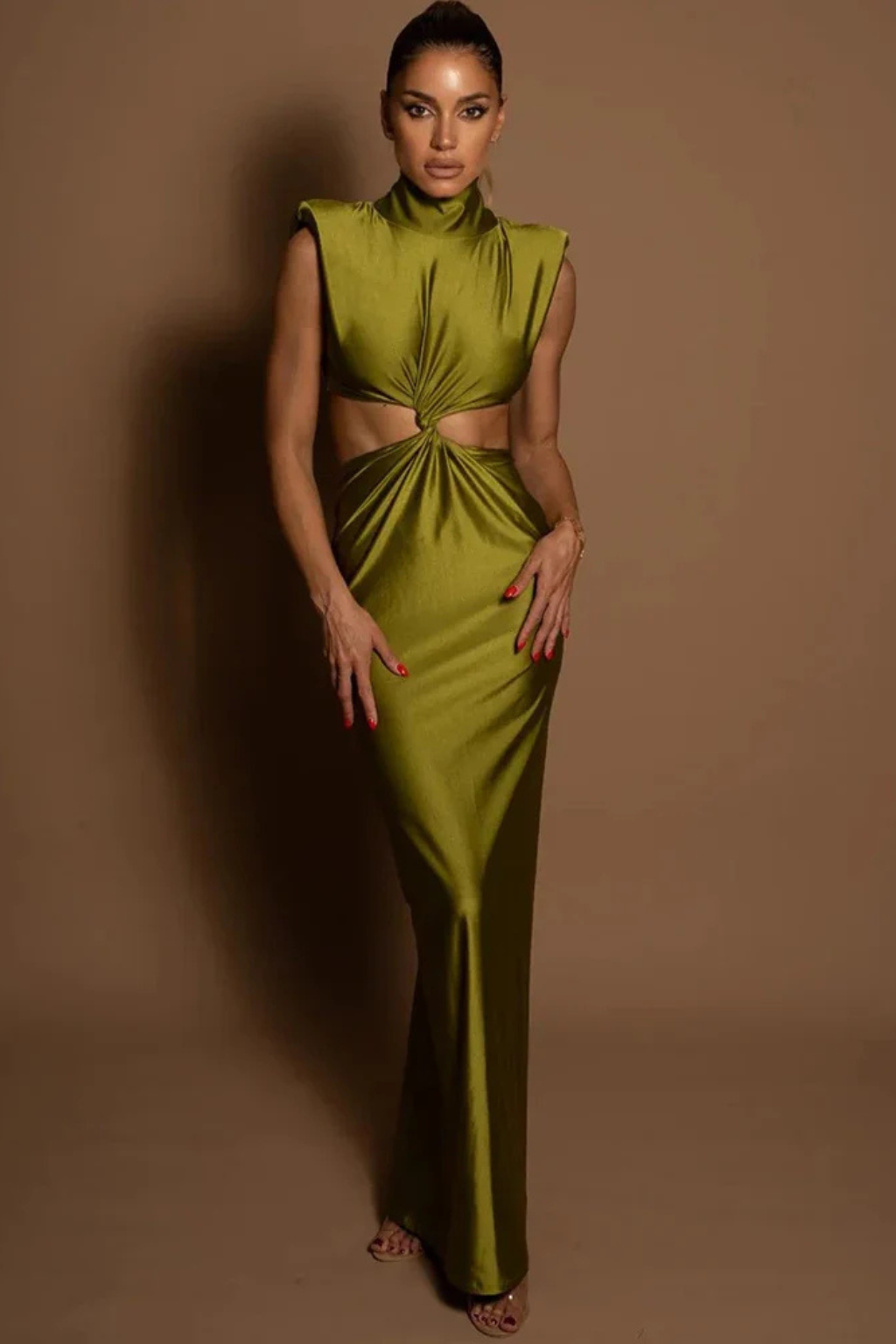 Solenne | Women High Neck Sleeveless Twisted Cut Out Bodycon Maxi Dress