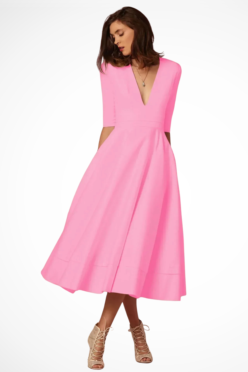 Roselle | Women Deep V Neck Half Sleeve Fitted Flared Midi Dress
