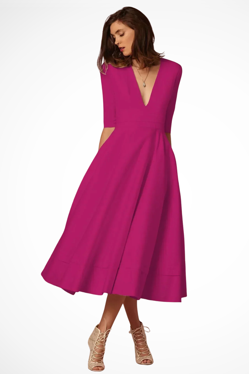 Roselle | Women Deep V Neck Half Sleeve Fitted Flared Midi Dress