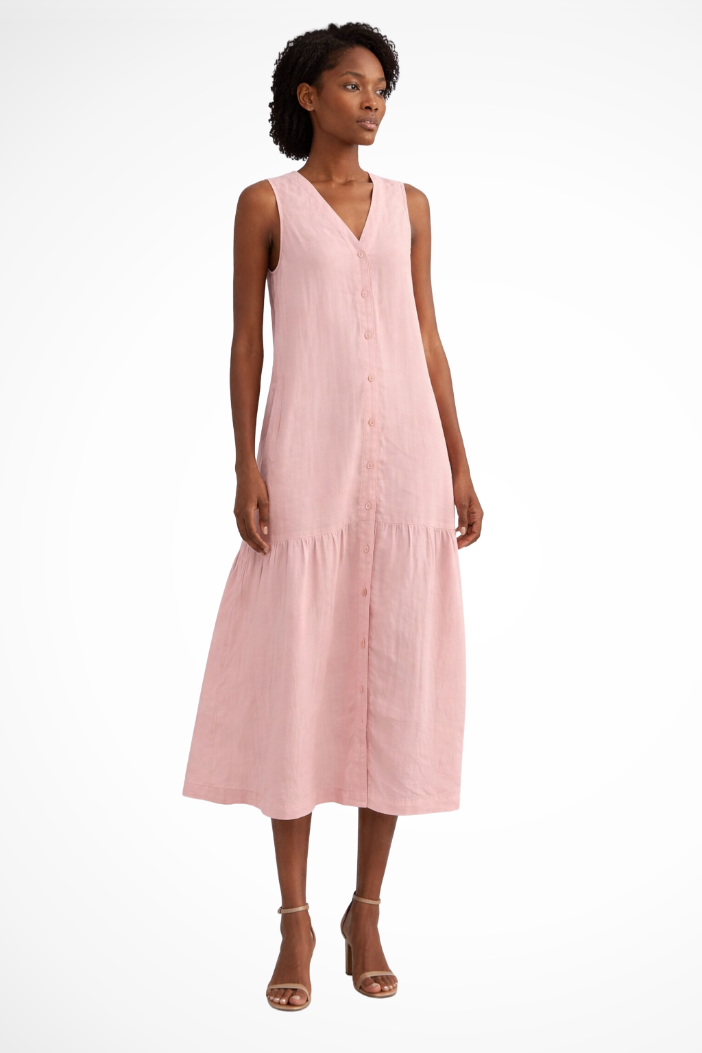 Willa | Women V Neck Sleeveless Button Front Linen Maxi Dress