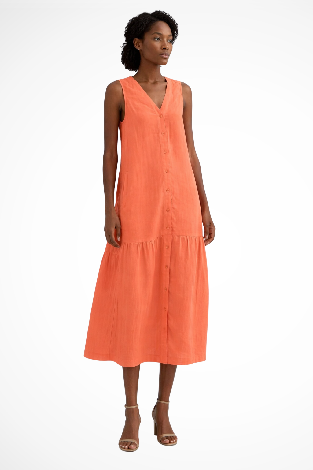Willa | Women V Neck Sleeveless Button Front Linen Maxi Dress