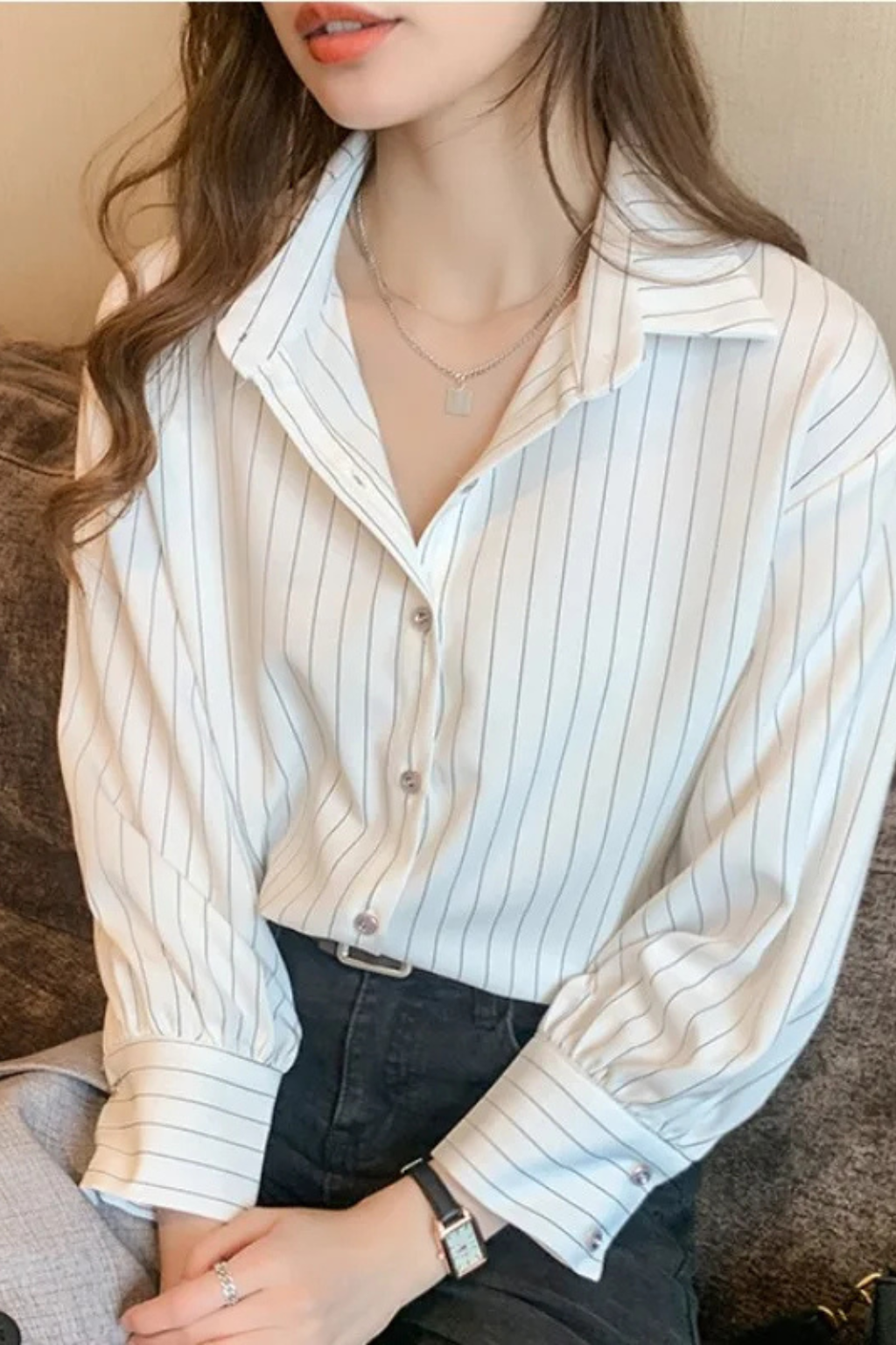 Nella | Women Turn Down Collar Long Sleeve Striped Shirt