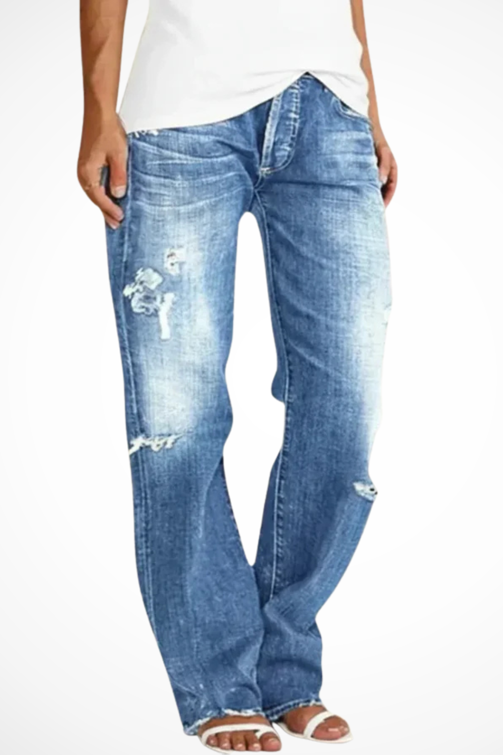 Paige | Women Distressed Mid Rise Straight Leg Jeans