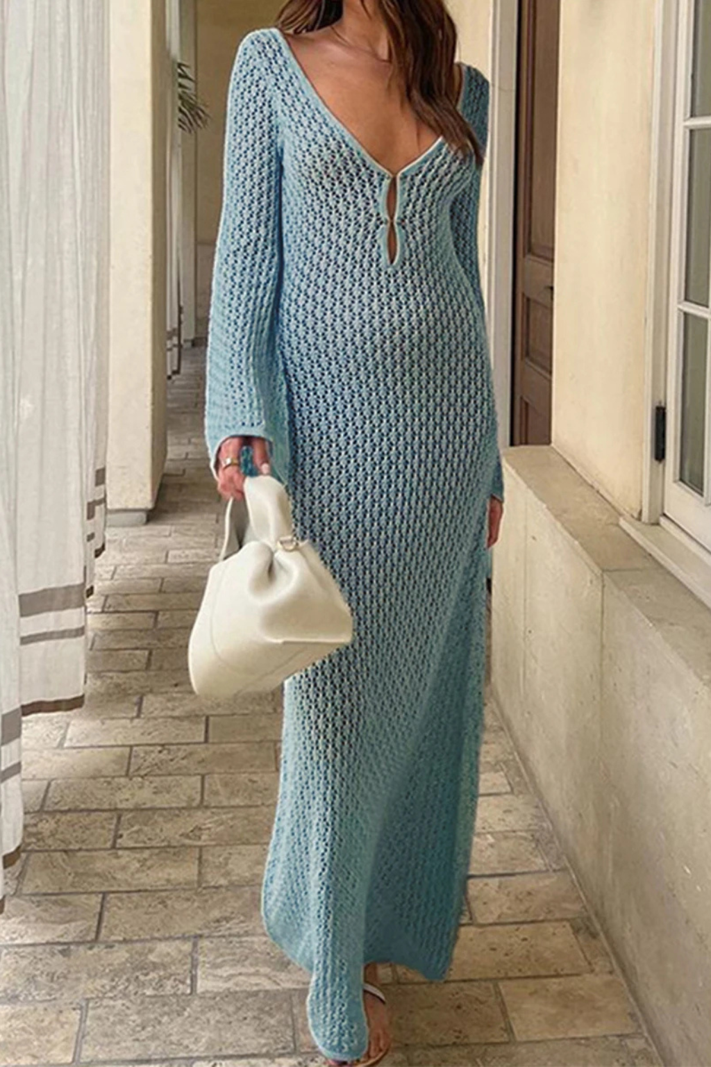 Maris | Women Deep V Neck Long Sleeve Hollow Out Knit Backless Beach Maxi Dress
