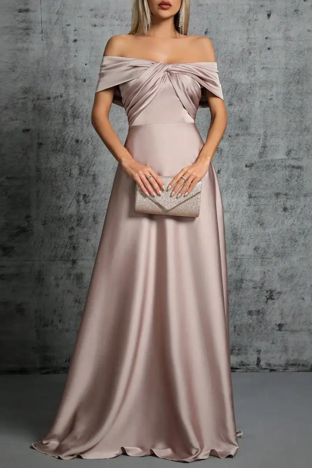 Lauren | Women Off Shoulder Twisted Knot Pleated Satin Wedding Guest Maxi Dress
