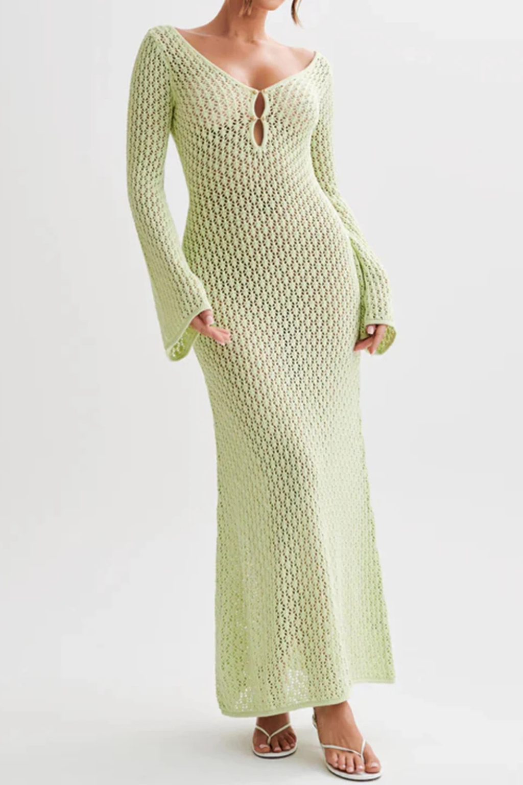 Maris | Women Deep V Neck Long Sleeve Hollow Out Knit Backless Beach Maxi Dress