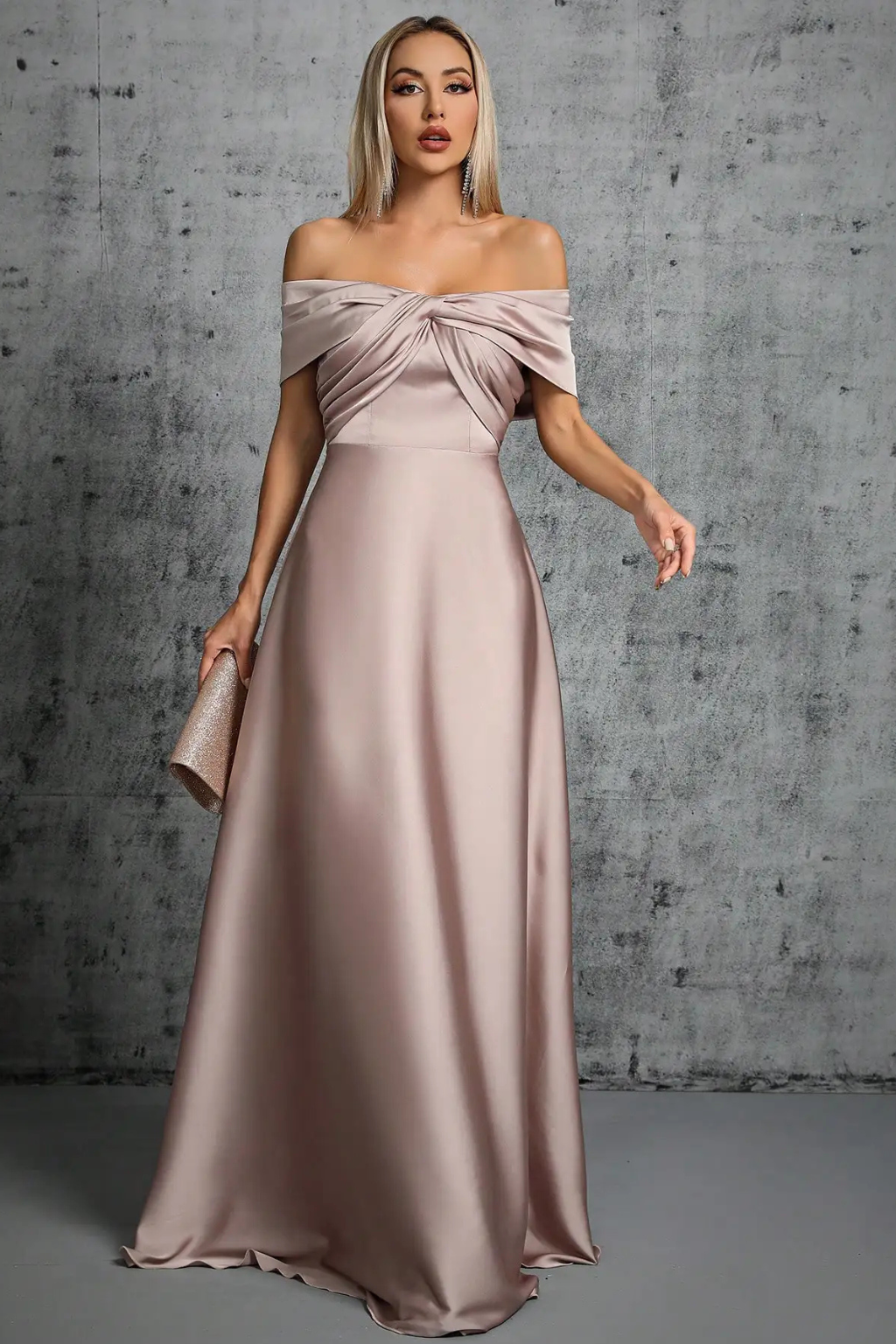 Lauren | Women Off Shoulder Twisted Knot Pleated Satin Wedding Guest Maxi Dress