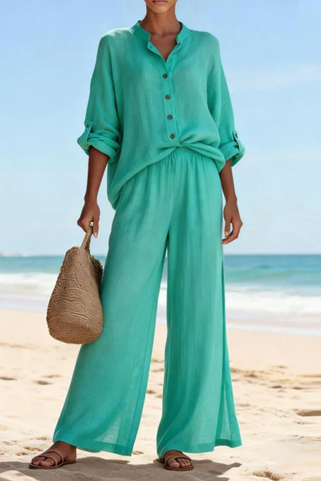 Clementine | Women Button Blouse and Wide Leg Trousers Suit Set