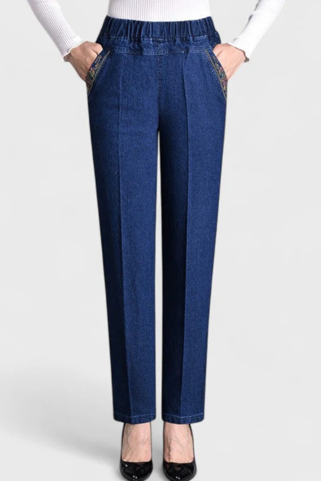 Millie | Women Elastic Waist Straight Leg Denim Trousers with Embroidered Detail