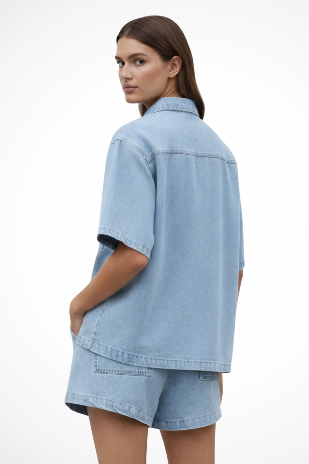 Sadie | Women Denim Button Down Shirt and Drawstring Shorts Set