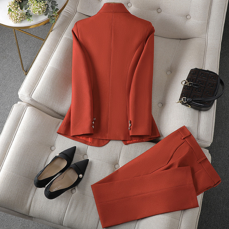 Women's Tailored Shawl Collar Blazer and Straight-Leg Trouser Set - Single-Breasted with Gold-Tone Buttons