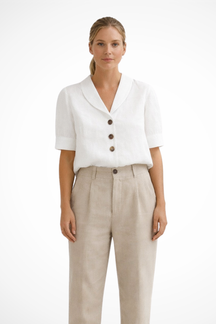 Solène | Women Casual Button Front Linen Blend Blouse with Soft Collar