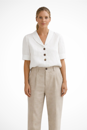 Solène | Women Casual Button Front Linen Blend Blouse with Soft Collar
