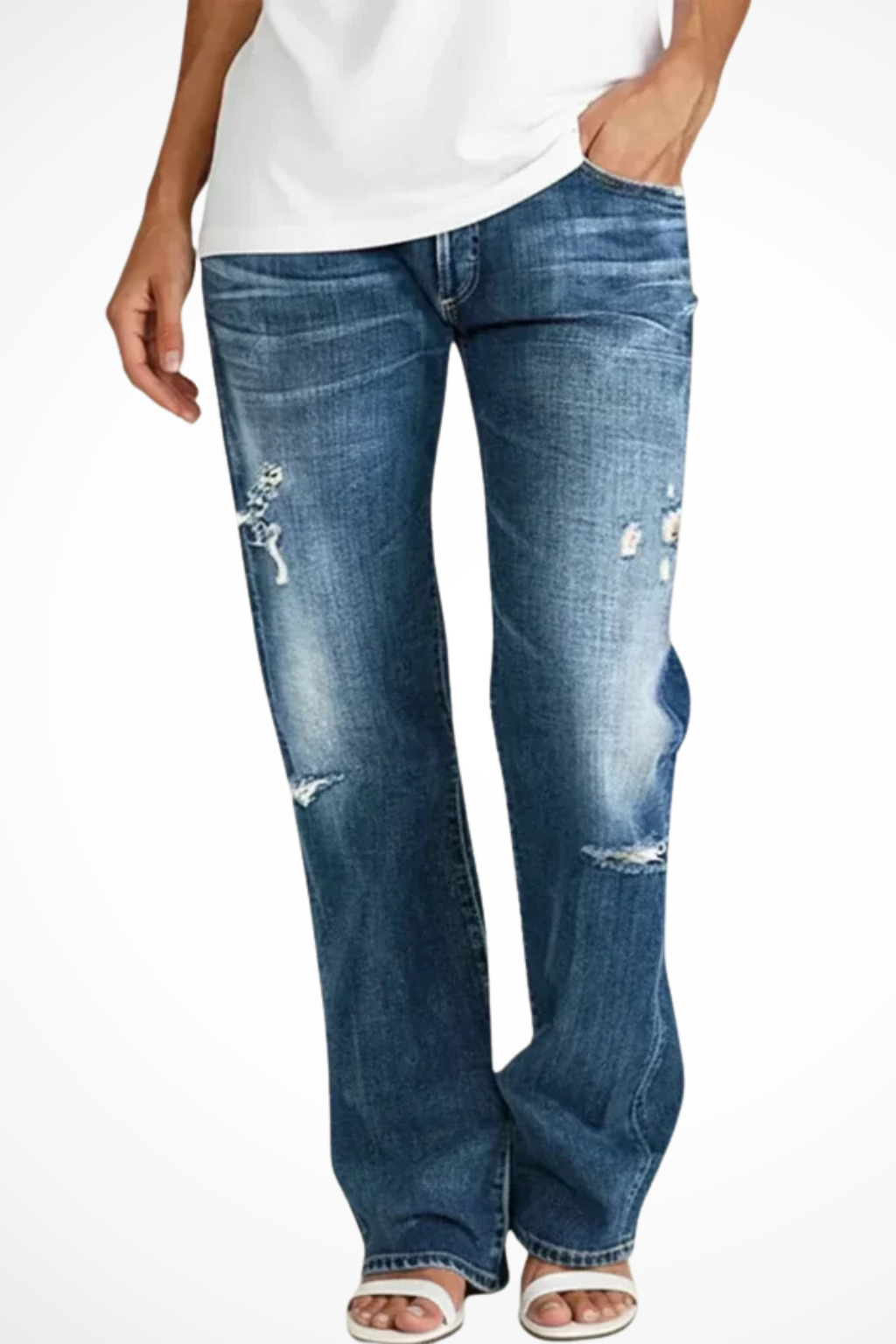 Paige | Women Distressed Mid Rise Straight Leg Jeans