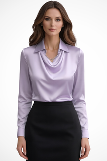 Lyra | Women’s Satin Long Sleeve Draped Neck Blouse