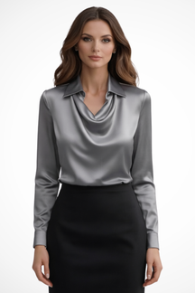 Lyra | Women’s Satin Long Sleeve Draped Neck Blouse