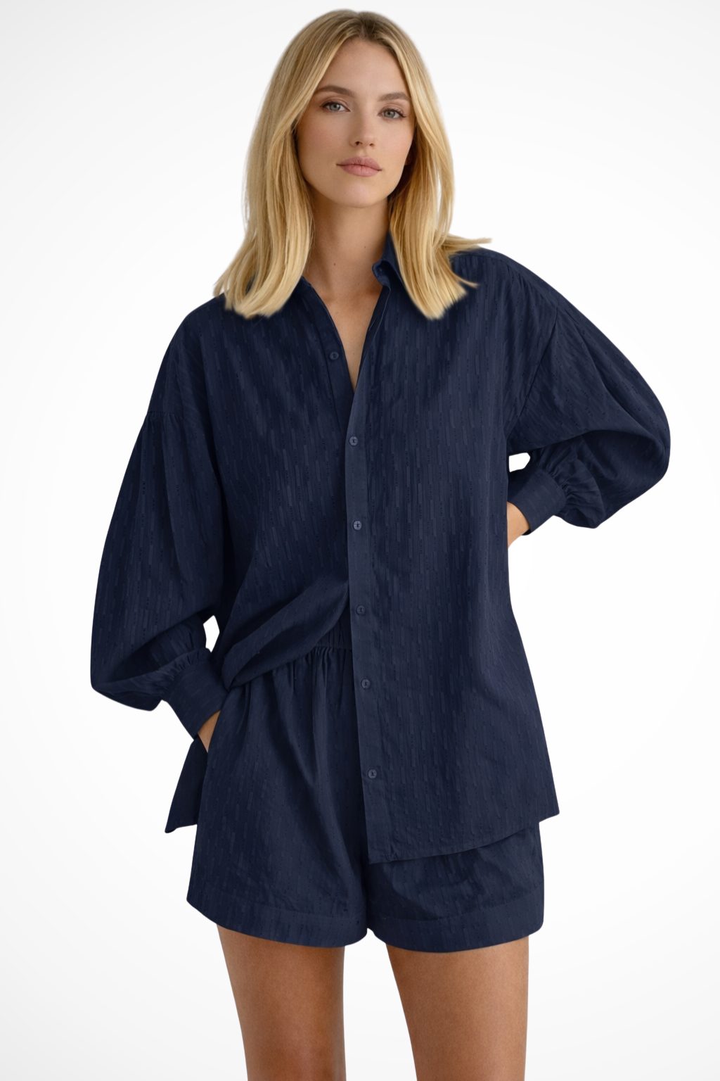 Darla | Women Oversized Long Sleeve Broderie Shirt and Matching Shorts Summer Set
