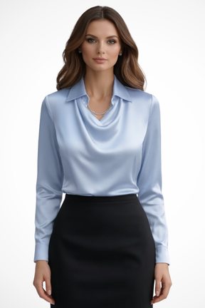 Lyra | Women’s Satin Long Sleeve Draped Neck Blouse