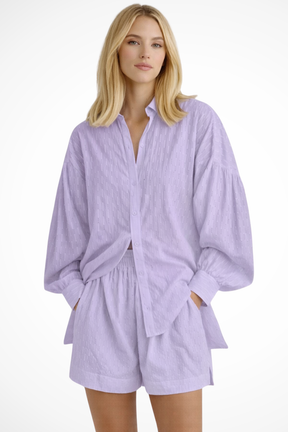 Darla | Women Oversized Long Sleeve Broderie Shirt and Matching Shorts Summer Set