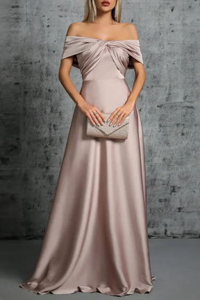 Cordelia | Women Off Shoulder Twisted Pleated Satin Wedding Guest Maxi Dress