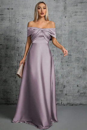 Cordelia | Women Off Shoulder Twisted Pleated Satin Wedding Guest Maxi Dress