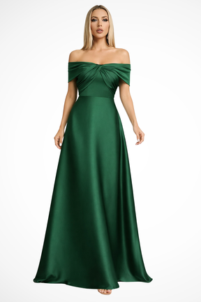 Cordelia | Women Off Shoulder Twisted Pleated Satin Wedding Guest Maxi Dress