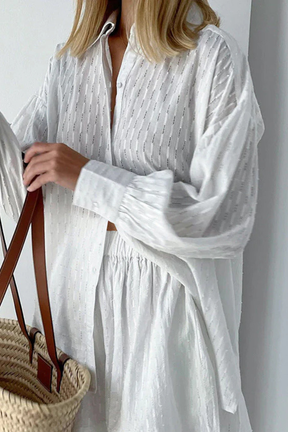 Darla | Women Oversized Long Sleeve Broderie Shirt and Matching Shorts Summer Set