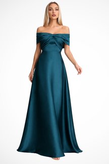 Cordelia | Women Off Shoulder Twisted Pleated Satin Wedding Guest Maxi Dress