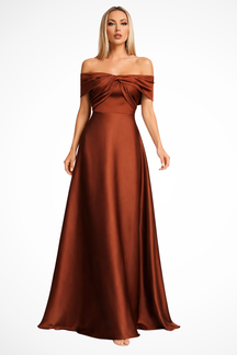 Cordelia | Women Off Shoulder Twisted Pleated Satin Wedding Guest Maxi Dress