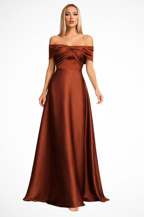 Cordelia | Women Off Shoulder Twisted Pleated Satin Wedding Guest Maxi Dress