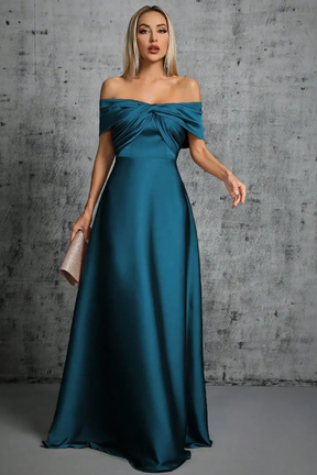 Cordelia | Women Off Shoulder Twisted Pleated Satin Wedding Guest Maxi Dress