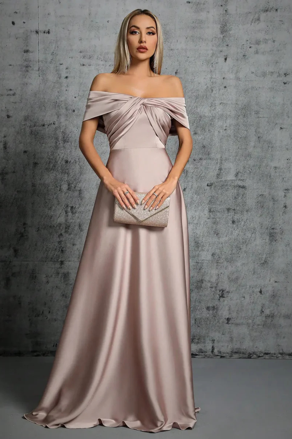 Cordelia | Women Off Shoulder Twisted Pleated Satin Wedding Guest Maxi Dress