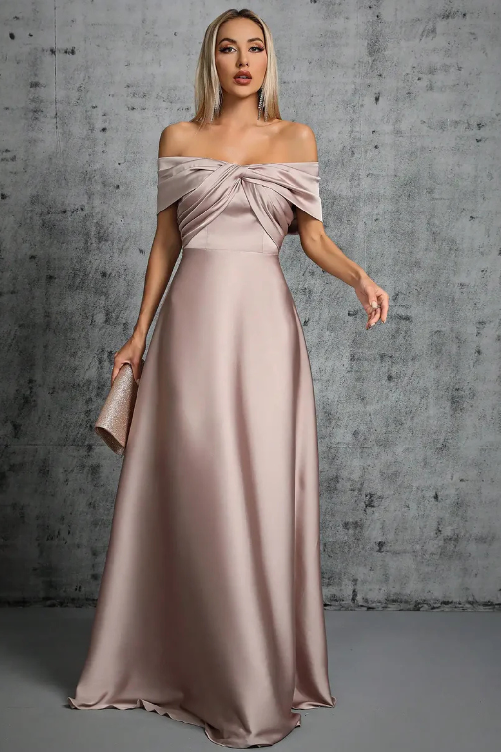 Cordelia | Women Off Shoulder Twisted Pleated Satin Wedding Guest Maxi Dress