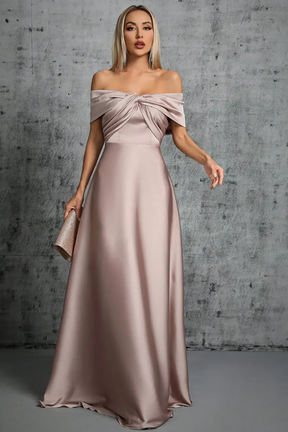 Cordelia | Women Off Shoulder Twisted Pleated Satin Wedding Guest Maxi Dress