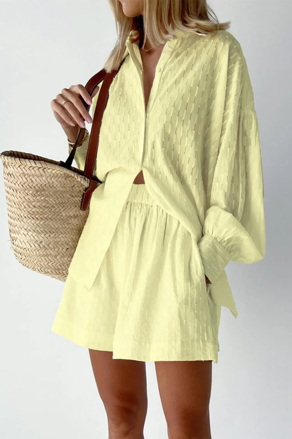 Darla | Women Oversized Long Sleeve Broderie Shirt and Matching Shorts Summer Set